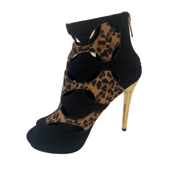 Thalia Sodi Zabila cutout peep toe black leopard ankle booties stiletto Size 5 - Picture 1 of 10